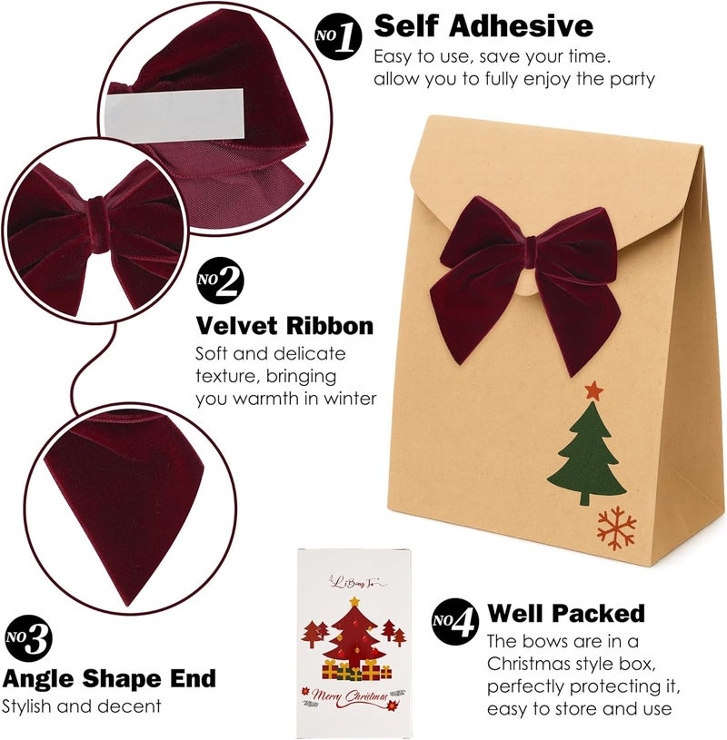 LiBongTa 3.5" Maroon Bows Velvet Ribbon Bow with Self Adhesive, Small Gift Bows Decor, Dark Red Christmas Bows for Treat Bags, Candy Pop, Basket, Party Favor, Craft Bow for Gift Wrapping-24 PCs - Image 3